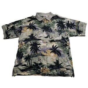 Vtg Tommy Bahama RELAX Polo Hawaiian Floral Tropical Beach Sailboat Size L EUC
